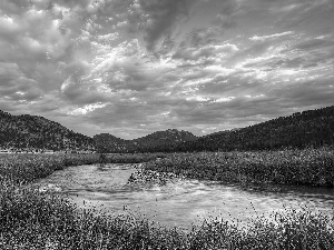 River, medows, Clouds, Sky, Mountains