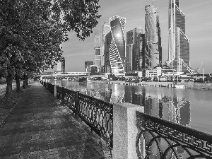 Houses, viewes, Moscow, River, trees, skyscrapers, Russia