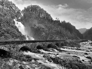 Laatefoss, forest, bridge, waterfall, Mountains, River, Odda