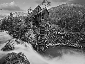 Mountains, Windmill, River, Old car