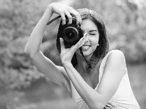 River, Park, girl, Camera, smiling