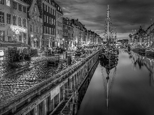 Ship, City at Night, Denmark, River, Houses, Copenhagen, port