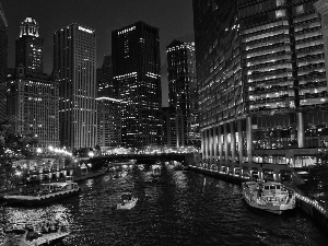 skyscrapers, Night, River, clouds