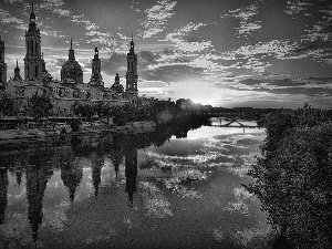 River, Great Sunsets, Saragossa, Church, Spain