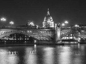Town, bridge, River, night