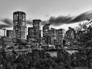 town, River, viewes, Bow, trees, panorama, Calgary, clouds