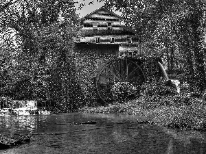 River, Old car, trees, viewes, cascade, Windmill