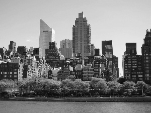 View, skyscrapers, River, town