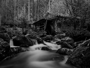 Watermill, Stones, forest, River