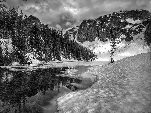 winter, forest, River, Mountains