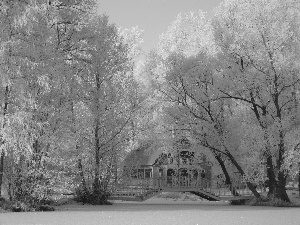 River, winter, house, bridge, Park