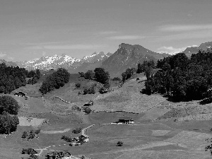 field, Mountains, roads, Houses, medows, woods