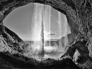 sun, Seljalandsfoss, cave, luminosity, mosses, waterfall, rocks, shadow, flash, ligh