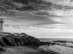 rocks, clouds, maritime, Coast, Lighthouse