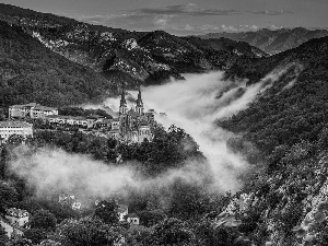 rocks, Fog, Mountains, woods, Castle