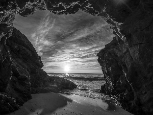 sea, rocks, Great Sunsets, cave