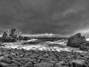 Coast, sea, rocks, Stones, flash, luminosity, ligh, sun, Przebijające