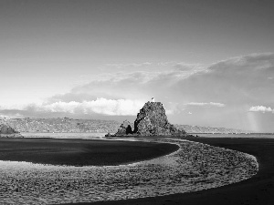 rocks, sea, maritime, Great Rainbows, Lighthouse, Mountains