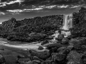 Oxararfoss Waterfall, Mountains, clouds, iceland, Oxara River, rocks