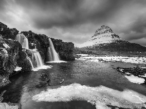 Kirkjufellsfoss Waterfall, iceland, rocks, winter, River, Kirkjufell Mountain