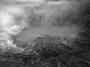 rocks, smoke, volcano, lake, crater