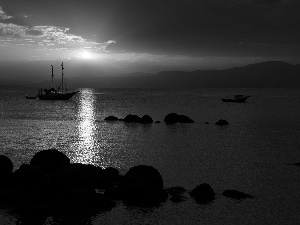 rocks, sailing vessel, sun, sea, west