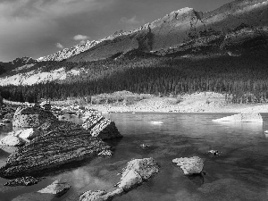 rocks, water, trees, viewes, Mountains