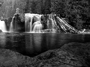 rocks, forest, waterfall