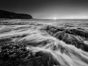 west, sea, rocks, sun