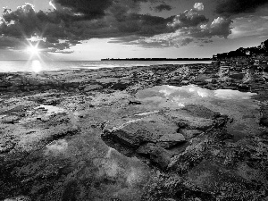 west, sea, rocks, sun