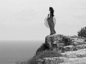 Women, Coast, rocks, umbrella