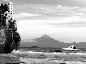 Yacht, Mountains, Rocks, sea