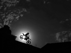 roofs, Motocross, Sky, clouds, Night