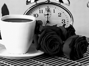 alarm clock, Red, roses, cup