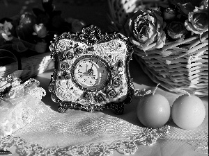 basket, Clock, Napkins, composition, roses, Candles