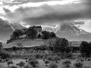 ruin, Hill, clouds