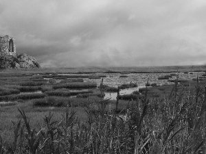 grass, River, ruins, structures, Rocks, Clumps