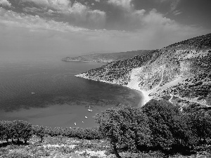 Sailboats, sea, Coast, trees, Corfu, Greece, VEGETATION, clouds, viewes