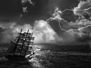 Storm, sea, sailing vessel, clouds