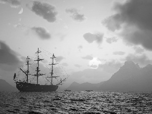 west, sea, sailing vessel, sun