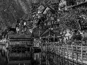 Salzburg Slate Alps, Hallstatt, trees, Hallstattersee Lake, Austria, Houses, viewes