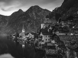 Hallstattersee Lake, Fog, Hallstatt, Houses, Austria, Salzburg Slate Alps, Mountains, Church