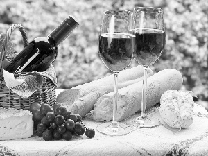 roll, Bottle, sausage, Grapes, cheese, Wines