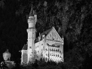 Schwangau, Germany, Night, rocks, viewes, Bavaria, Neuschwanstein Castle, trees