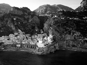Atrani, Mountains, sea, Town