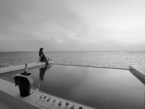 Hotel hall, Pool, west, Champagne, Women, sea, sun