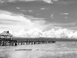 sea, pier, clouds