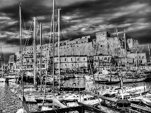 sea, clouds, marine, Yachts, port