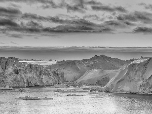 Greenland, Icebergs, Sky, sea