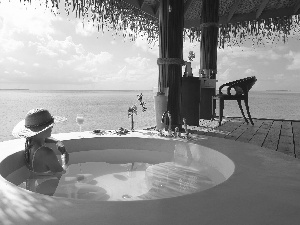 Hotel hall, Pool, sea, Women